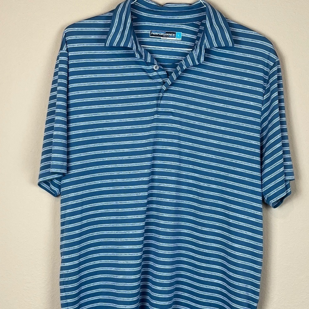 Roundtree & Yorke Performance Blue Striped Polo; Size L; EUC
